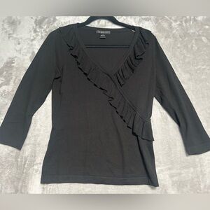 August Silk Blend Faux Wrap Blouse Top Black 3/4 Sleeve V Neck Women’s Small